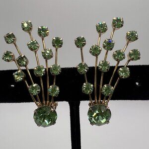 Weiss Rhinestone Clip On Earrings Green Spray Gold Tone Mid Century